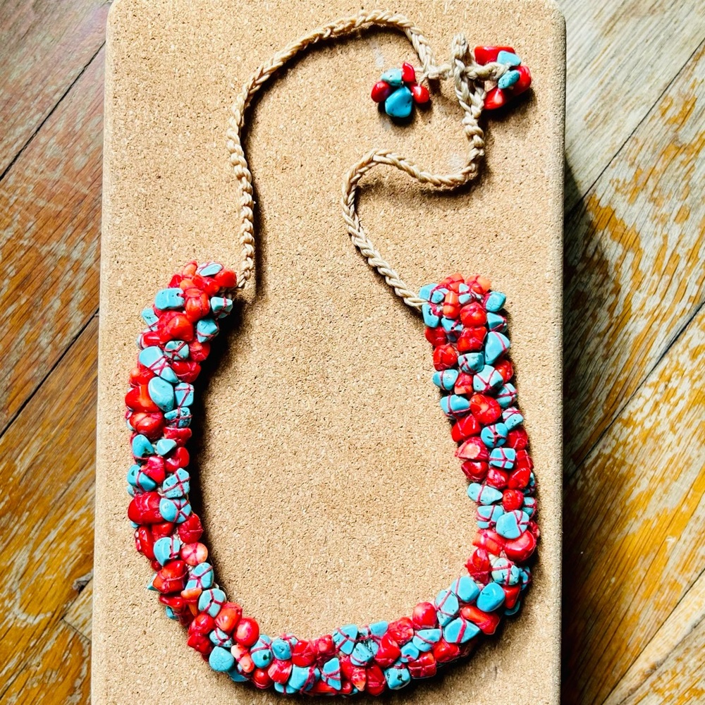 Hand Crafted Red and  genuine Turquoise Beaded Necklace
